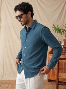glestore Men's Retro-Style Solid-Color Long-Sleeve Casual Shirt: Corduroy, Suitable For Commuting, Leisure, And Vacations-A Versatile Style For All Seasons - Dusty Blue - View 3