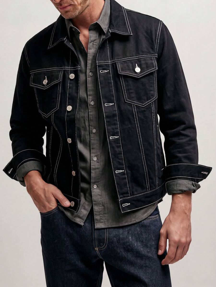 Men's Black Contrast White Stitching Denim Trucker Jacket Casual Denim Coat - Black - View 1