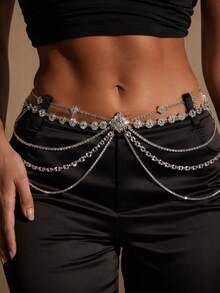 1pc Sexy White Tassel Crystal Bling Waist Chain, Nightclub Stage Performance Jewelry Body Chain - Silver - View 2