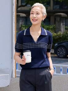 女款時尚海軍藍 Polo 毛衣上衣，對比條紋羅紋針織上衣，適合萬聖節、感恩節、聖誕節節日穿搭 - 藏蓝色 - 查看 2