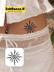 1 Set "Spiral Sun" New Technology Tattoo Sticker, Semi-Permanent, Bohemian Style, Bold, Y2K, Temporary Tattoo, Realistic Tattoo, Waterproof And Long-Lasting, Realistic Design, Plant-Based Formula, InkDance, Ink Dance, Gift MNF083 - Black - View 2