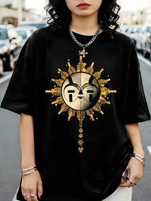 Expedition 33 Esque Sun Mask T-Shirt, Clair Obscur Gold Symbol Graphic Tee, RPG Game Fan Top - Black - View 1
