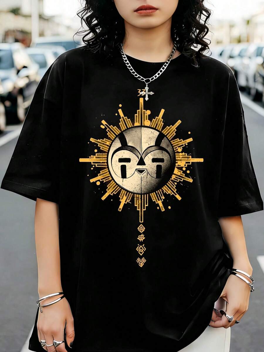 Expedition 33 Esque Sun Mask T-Shirt, Clair Obscur Gold Symbol Graphic Tee, RPG Game Fan Top - Black - View 1