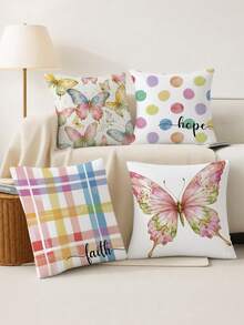 shangxia 4PCS- Ins Spring Watercolor Butterfly Pattern Printed Pillow Covers, Soft Rainbow Polka Dot Plaid Healing Inspirational Handwritten English Cushion Covers, Fresh Gentle Healing Atmosphere Soft Decor Essential - (Pillow Insert Not Included) - (Printed) - (No Embroidery) - Multicolor - View 9