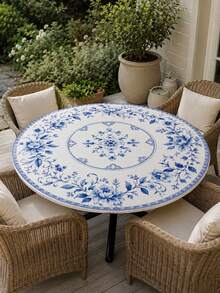 1pc Chinese Style Blue Floral Round Elastic Tablecloth, Minimalist Elegant Polyester Fitted Table Cover With Blue And White Porcelain Peony Print, Suitable For Dining Room, Kitchen, Patio, Autumn Decor, Wedding Decor, Room Decor And Home Decor - Multicolor - View 12