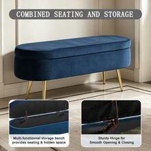 Multifunctional Storage Bench, Soft Chenille Fabric, Wooden Legs, Solid Wood Frame, 20L Storage Space, 110x40x42cm, For Bedroom, Living Room, Shoe Bench, Hallway - 寶藍色 - 查看 6