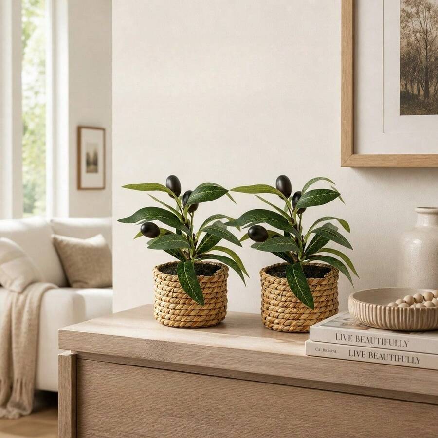 1/2pcs 5.51inch Olive Imitation Small Plants, With Pure Green Leaves That Are Versatile And Suitable For Cream Or Japanese Styles. They Are Suitable For Use On Home Coffee Tables, Model Rooms, Tea Rooms, And Study Desks As Decorative Items - Green - View 1
