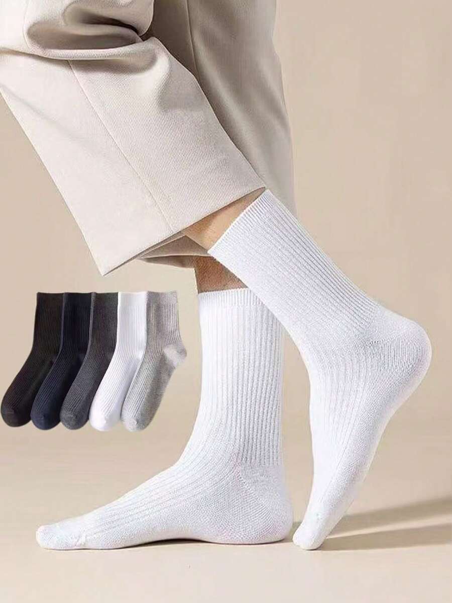 1/3/5 Pairs Men's Mid-Calf Socks, Solid Color Japanese Style Casual Business Socks, Breathable And Sweat-Absorbent For Work And Commuting, Spring/Summer/Autumn/Winter - Multicolor - View 1