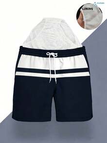Men's Color-Block Swim Trunks (Red, White, And Navy Stripes; With Built-In Brief Liner) - Blue and White - View 6