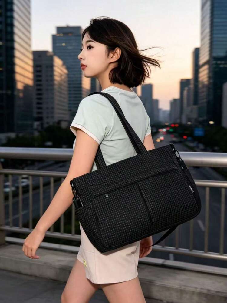 Bolso Tote de Cuadrícula para Mujer, Bolso de Hombro de Gran Capacidad, Correa Cruzada Desmontable, Bolso Casual para Viajes Diarios - Negro - Añade 9
