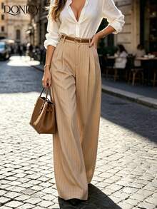 DONICY Celana Panjang Wanita Khaki Garis-Garis Halus Pinggang Tinggi Kaki Lebar, Cocok untuk Pakaian Kantor dan Kasual di Musim Semi dan Gugur - Khaki - View 10