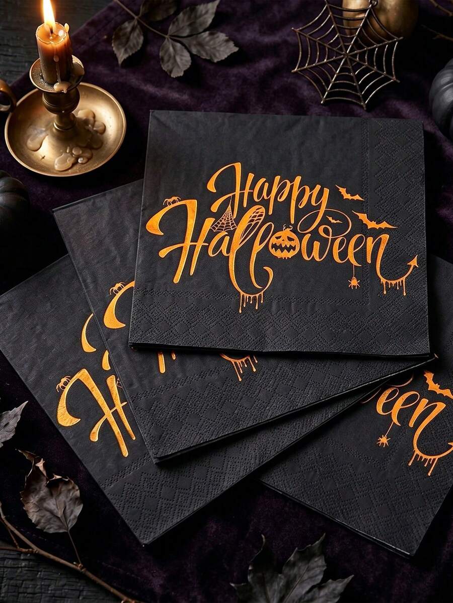 16pcs Halloween Napkins, Printed With "Happy Halloween" Gold Foil Design, Suitable For Center Decoration, Disposable Napkins, Suitable For Halloween Dinner, Holiday Party, Theme Event And Birthday Party - Multicolor - View 1