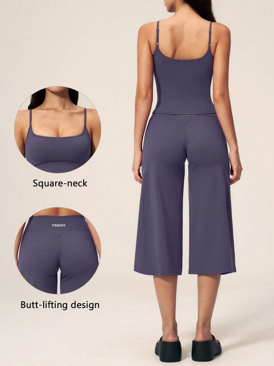 TimeOff Women's One Set Solid Color Adjustable Strap Camisole & Wide Leg Mid-Length Pants Sports Set - Purple - View 1