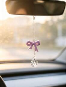 1pc Multi Color Bowknot Crystal Rearview Mirror Hanging Charm, Aesthetic Resin Bow Teardrop Crystal Car Pendant, Women Fashion Car Interior Decor Ornament, Multiple Color Options Auto Accessories Gift - A - View 20