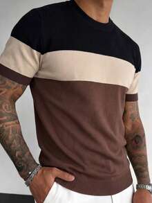 1 Stück Herren gestreiftes T-Shirt mit Rundhalsausschnitt, schlanke Passform Kurzarm Strickpullover, Kontrast-Farbe neue Ankunft Kurzarm Strick-Oberteil - Braun - Übersicht 1