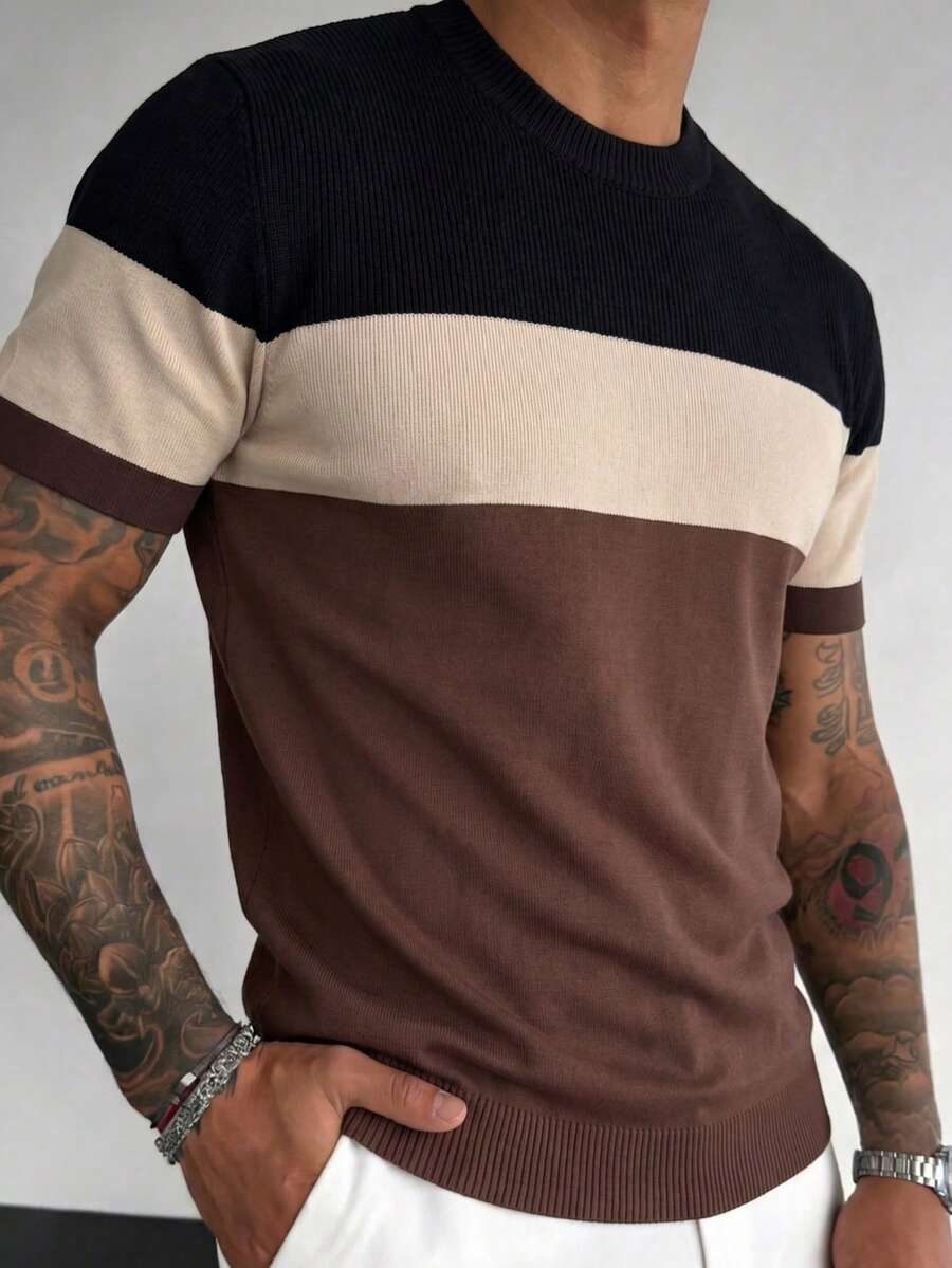1 Stück Herren gestreiftes T-Shirt mit Rundhalsausschnitt, schlanke Passform Kurzarm Strickpullover, Kontrast-Farbe neue Ankunft Kurzarm Strick-Oberteil - Braun - Übersicht 1
