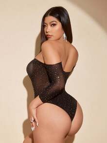 Bikini Terusan Seksi Berbahan Rajut Elastis Tinggi Lengan Pendek dengan Hiasan Pita dan Rhinestone Transparan, Model Jumpsuit Jala Ketat - Hitam - View 2