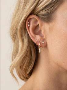 8 Pcs Dainty Gold Pearl Multi Piercing Earring Set, Tiny Pearl Chain Drop Stud , Minimal Stackable Ear Jewelry For Women Daily Party Wear - Gold - View 3