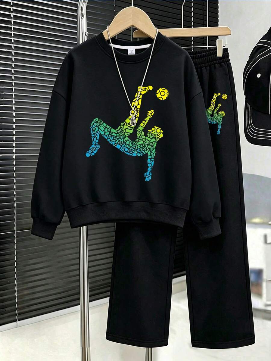2pcs/Set Boys Robot Soccer Print Crew Neck Sweatshirt & Pants Set, Autumn/Winter Fashion Comfortable New Style - Black - View 1