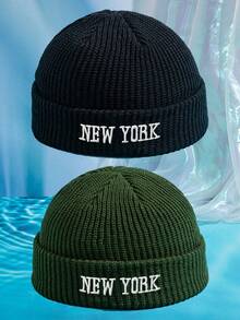 2件組 男士純色百搭 3D刺繡 NEW YORK 針織帽 無帽簷帽，適合秋冬保暖、日常穿著與搭配 - 2 pcs NEWYORK - 查看 14