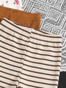 3pcs Baby Girl Autumn All-Match Set, Coffee & Apricot Striped & Floral Flared Pants, 3-Piece Set, Elastic Waist Design, Comfortable Fit, Minimalist Solid Color Style, Practical & Versatile, Baby Flared Pants, Fashionable Daily Wear, Infant Outdoor & Vacation Outfit - Multicolor - View 5