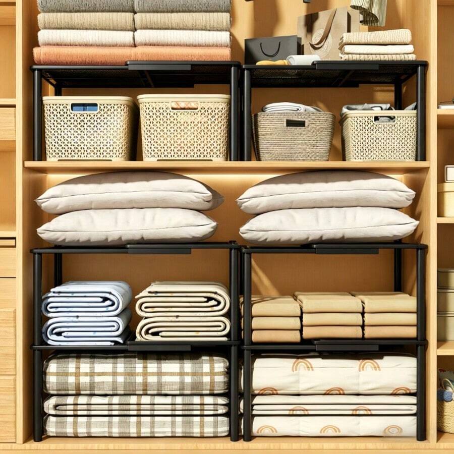 Foldable Closet Storage Organizer, Expandable & Stackable Wardrobe Rack With Tiered Shelves, Adjustable Clothing Storage System For Bedroom Closet, Kitchen, Bathroom, Office & Home Storage & Organization