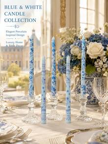 2pcs French Floral Print Taper Candles, Blue And White Pattern Decorative Table Candles, Smokeless Soy Wax, Suitable For Home Decor, Party, Gathering, Holiday, Banquet, Ideal For Thanksgiving, Christmas And Halloween - Multiple Styles - View 6