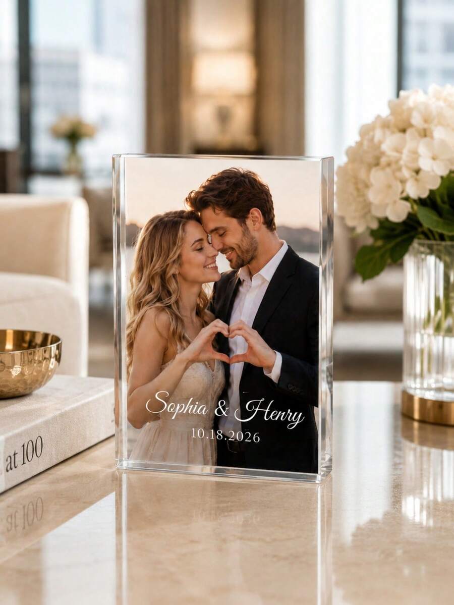 Custom Photo Acrylic Plaque, Personalized Wedding Acrylic Block Gift, Suitable For Groom And Bride, Custom Name And Date Engraved Home Decor Souvenir Ornament - Multicolor - View 1