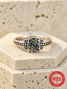 Anello quadrato in argento puro annerito, con un design retrò e unico, un regalo perfetto per le signore per appuntamenti, feste o San Valentino - argento antico - Visualizzare 1