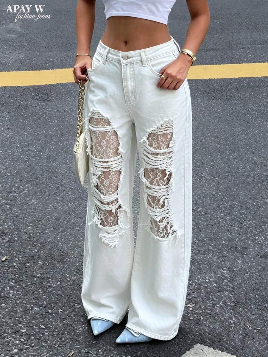 Jeans casuales de mujer de cintura baja, blancos, holgados, con patchwork de encaje y efecto desgastado, para otoño - Blanco - Ver 1