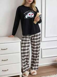 Women's Printed Pajama Set Fabric Soft Breathable Comfortable Sleepwear and Loungewear Set - 黑色 - 查看 2