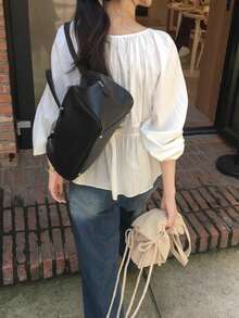 優雅V領前綁帶長袖提花女款上衣 白色 - 白色 - 查看 5