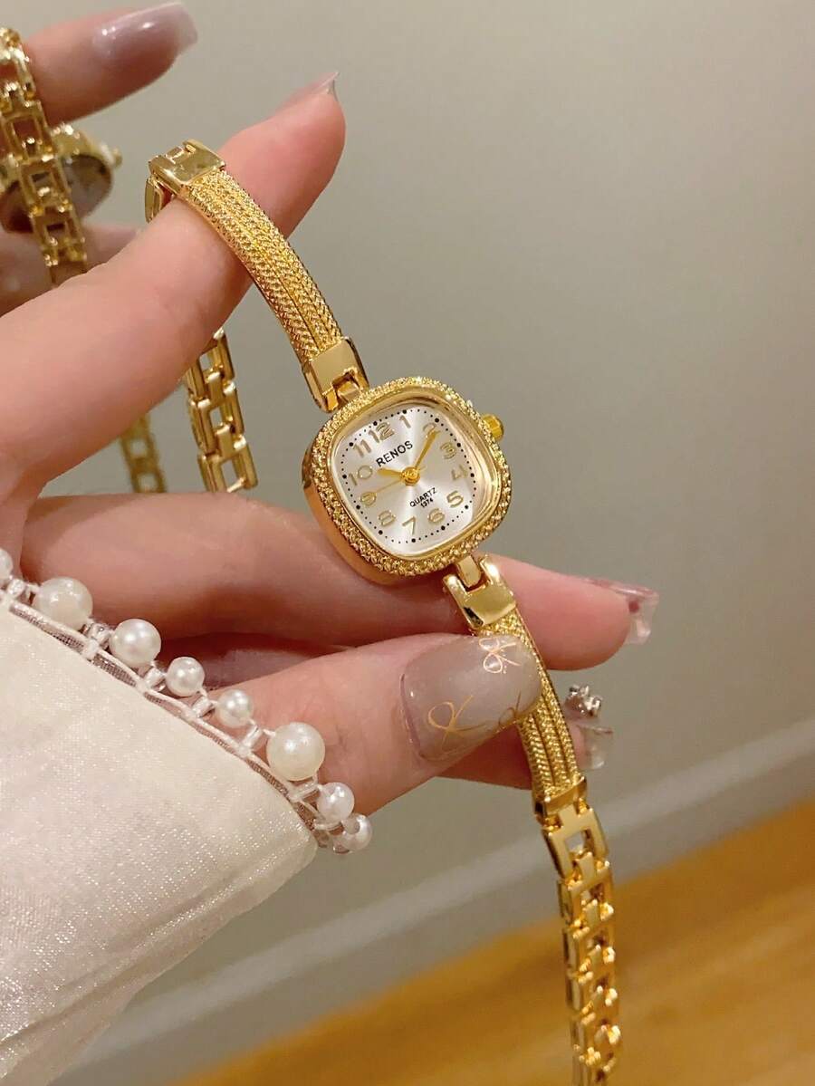 1件优雅手镯式腕表,金色表盘,小巧耐用,时尚方形表盘,送给她的迷人礼物,适合日常佩戴和特殊场合。 - 金色 - 查看 1