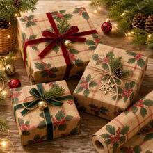 1pc Vintage Holly Berry & Red Plaid Christmas Wrapping Paper Roll, Kraft Paper Gift Wrapping Paper, Rustic Style Christmas Wrapping Paper, Farmhouse Decor, For Gift Wrapping (17in X 197in) - Christmas Wrapping Paper - View 1
