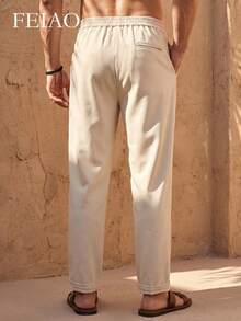 FEIAO Men's Vintage "Old Money Style" Solid Color Straight Leg Pants, Elastic Waistband, All-Season Versatile Essential Trousers - Khaki - View 2