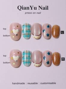 10pcs/Set Handmade Press-On Nails, Short Oval Shape, Country Plaid Pattern, Color Block French Style, Y2K Hand-Painted Heart & Flower Design, Includes 1pc Gel Glue And 1pc Nail File, Suitable For Daily Wear And Party - Multicolor - View 2
