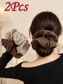topshiny 2PCS Leopard Print Oversized Scrunchies Set, Soft Fabric Hair Ties, Elegant Ponytail Holders For Women - Multicolor - View 2