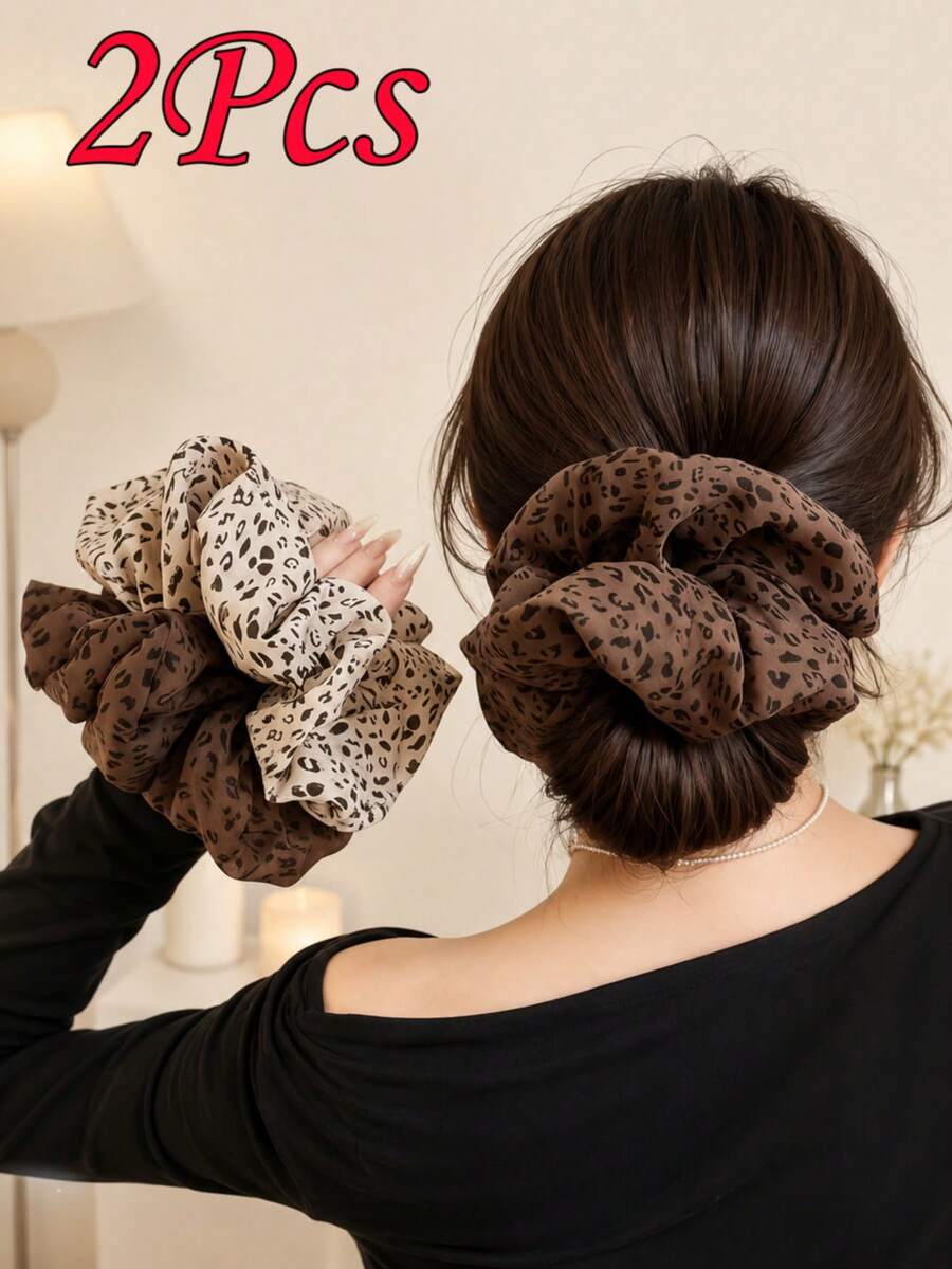 topshiny 2PCS Leopard Print Oversized Scrunchies Set, Soft Fabric Hair Ties, Elegant Ponytail Holders For Women