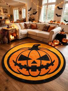 1pc Halloween Pumpkin Head Round Rug, Suitable For Living Room, Bedroom, Entryway, With Classic Pumpkin Face Print, Holiday Atmosphere Home Decor Mat, Fits Halloween Scene Arrangement, Decorative Rug, Bedroom Decor, Small Rug, Rug, Home Decor, Living Room Rug, Living Room Small Rug, Bedroom Rug, Living Room Home Decor, Outdoor Rug, Washable Rug, Suitable For Party Arrangement - Multicolor - View 2