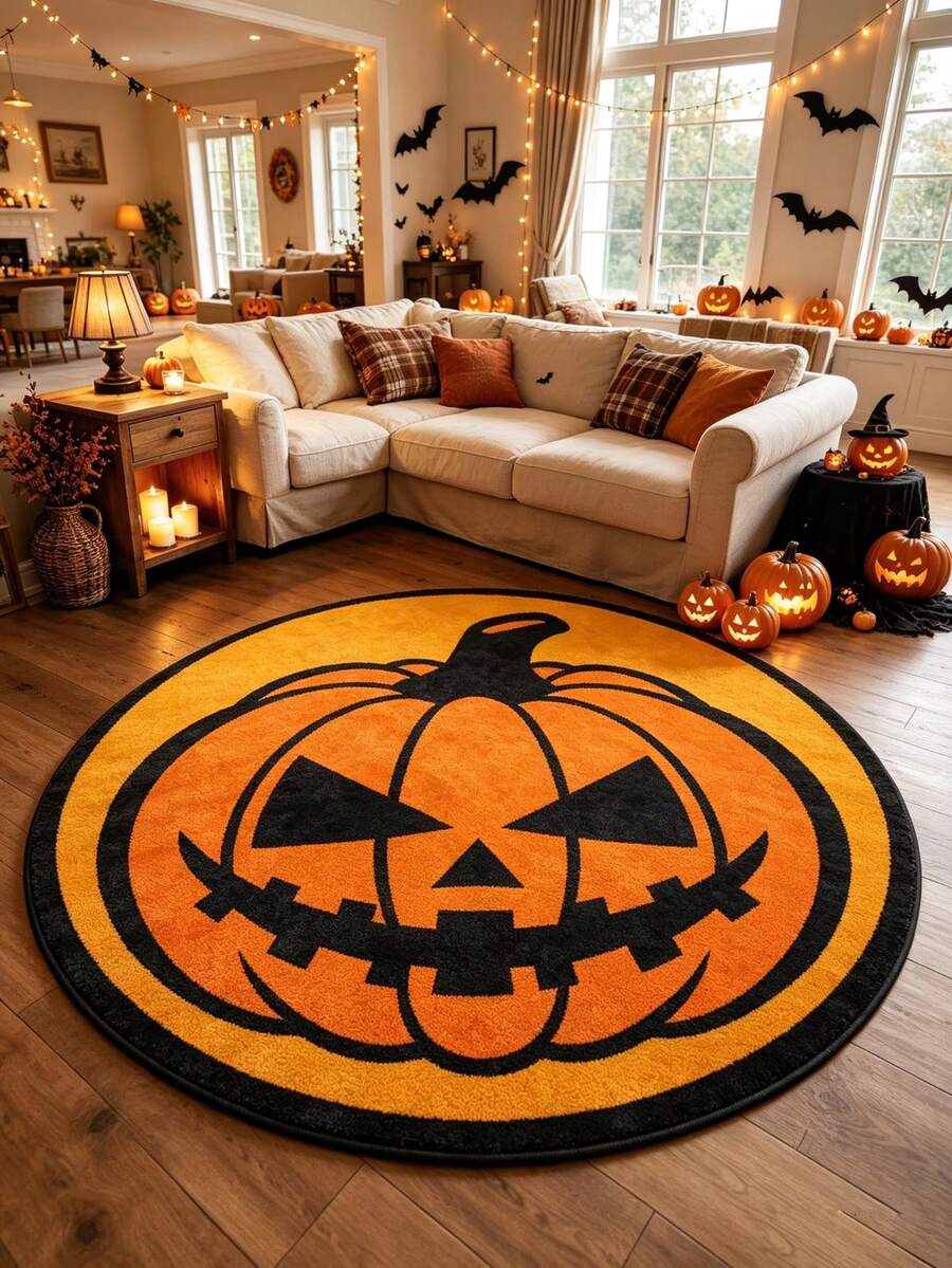 1pc Halloween Pumpkin Head Round Rug, Suitable For Living Room, Bedroom, Entryway, With Classic Pumpkin Face Print, Holiday Atmosphere Home Decor Mat, Fits Halloween Scene Arrangement, Decorative Rug, Bedroom Decor, Small Rug, Rug, Home Decor, Living Room Rug, Living Room Small Rug, Bedroom Rug, Living Room Home Decor, Outdoor Rug, Washable Rug, Suitable For Party Arrangement
