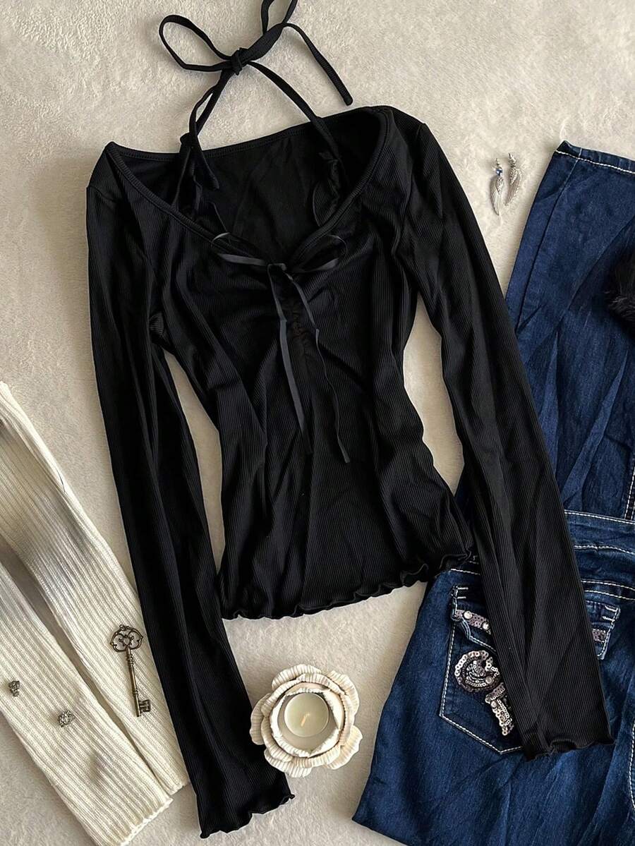 ENGU CO. Back To School Season Spring/Autumn Fashion 2 In 1 Slim Fit Pullover Inner Layer Tie-Up Wavy Hem Design Women's Top - Black - View 1