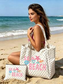 1/2pcs Polka Dots Tote Bag & Makeup Bag, Printed Beach Pattern, Suitable For Vacations, Commuting, Shopping, Gift For Family & Friends. - Multicolor - View 8