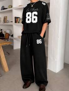 Fractyr Men's Street Casual 2 Pieces Set, Black Loose T-Shirt With LA Calligraphy '86' Sleeve Print + Drawstring Waist Pants, Retro Sporty Style - Black - View 3