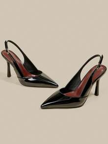 ManLuZi Women's Black Pointed Toe Patent Leather Stiletto High Heel Pumps, Elegant Formal Fashion Closed-Toe Buckle Party Evening Shoes With Slingback Strap - Black - View 3