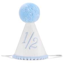 1件白色與淺藍色毛球毛氈生日錐形帽，1/2與數字1刺繡嬰兒派對帽，中性風格6個月與1歲生日主題派對帽，適合男孩6個月1歲蛋糕砸碎拍照道具，波希米亞風嬰兒里程碑生日裝飾 - 藍色 - 查看 12
