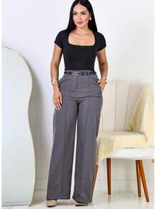 Kit 2 Calça Pantalona Alfaiataria Social Feminina Elegante C/ Cinto - Preto / Cinza - Visão 11