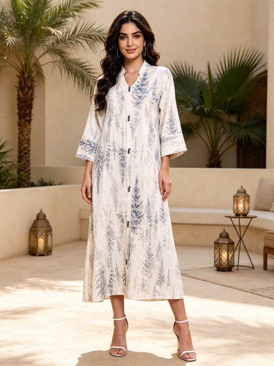 重工刺繡阿拉伯女款夏季白色優雅長裙 JALABIA，藍灰色花卉印花立領，時尚優雅女士風格，夏季休閒旅行穿搭