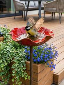 Flower Bird Feeder Metal Garden Stake Bird Bath Outdoor Yard Decor Wild Bird Feeding Station Weather-Resistant Easy Installation Red Flower Ornament - Multicolor - View 1