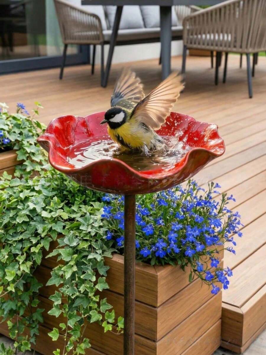 Flower Bird Feeder Metal Garden Stake Bird Bath Outdoor Yard Decor Wild Bird Feeding Station Weather-Resistant Easy Installation Red Flower Ornament - Multicolor - View 1