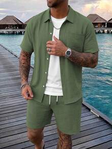 Men's Shirt Set With Patch Pocket Vacation Style Short Sleeve Shirt And Shorts Casual Set - Olive Green - View 3